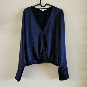 Good American Long Sleeve Stretch Satin Faux Wrap Top